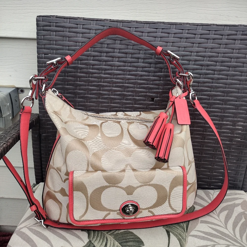 Coach Legacy Signature Courtney Hobo Bag Khaki and Coral Style #22392
